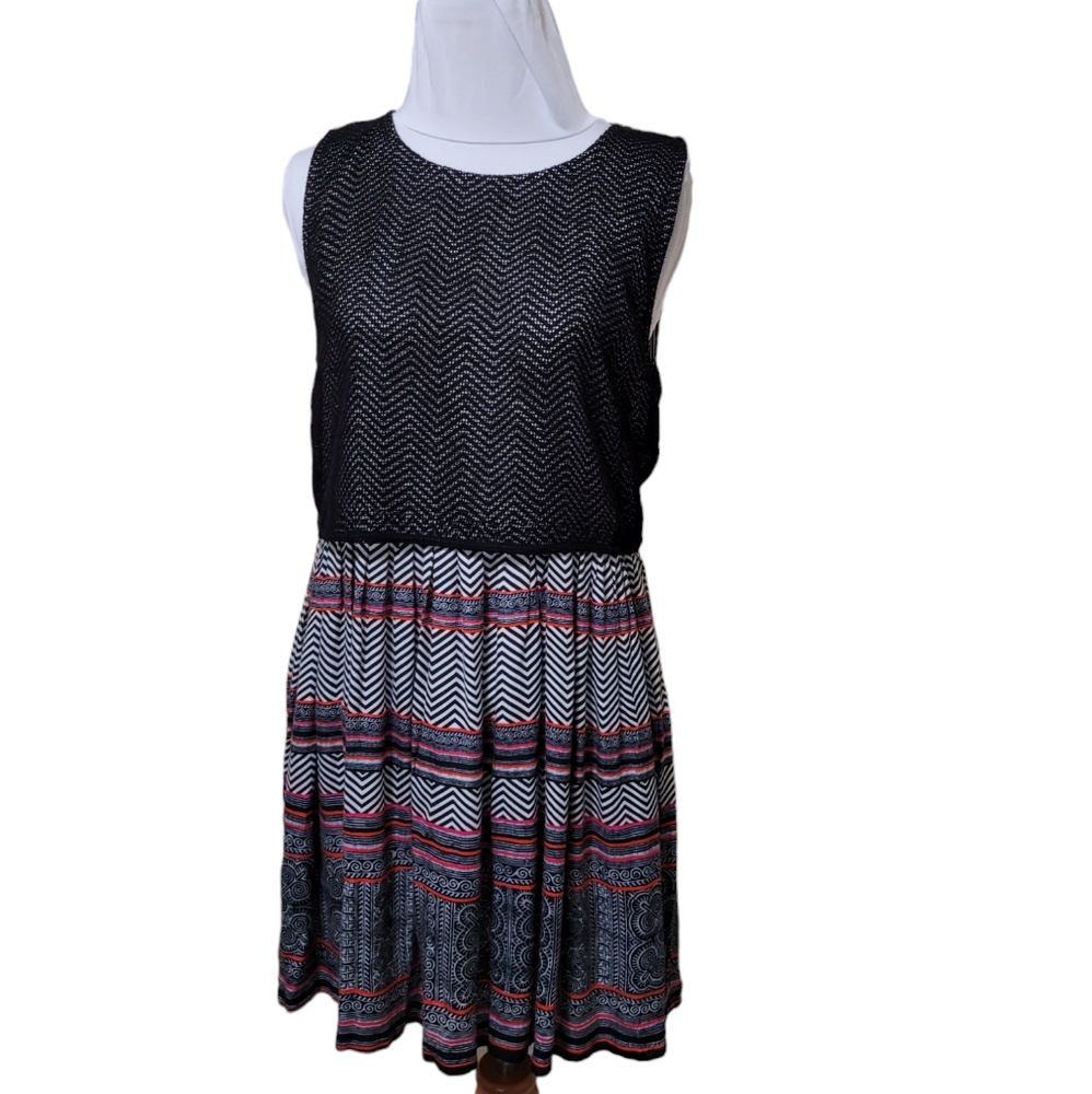 MinkPink Black Graphic‎ Design Dress, with mesh overlay top